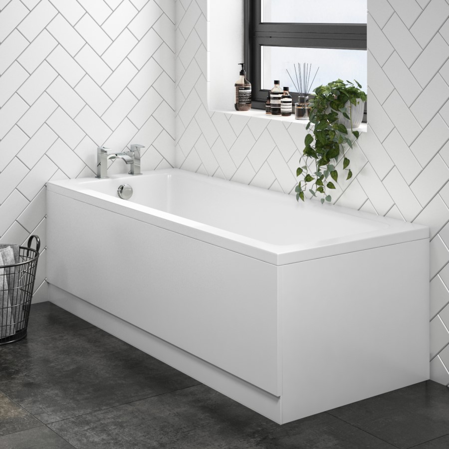 1800 x 800 Rutland Single Ended Square Bath with Front Panel & Hinged 6mm Chrome Bath Screen with Fixed Panel & Towel Rail