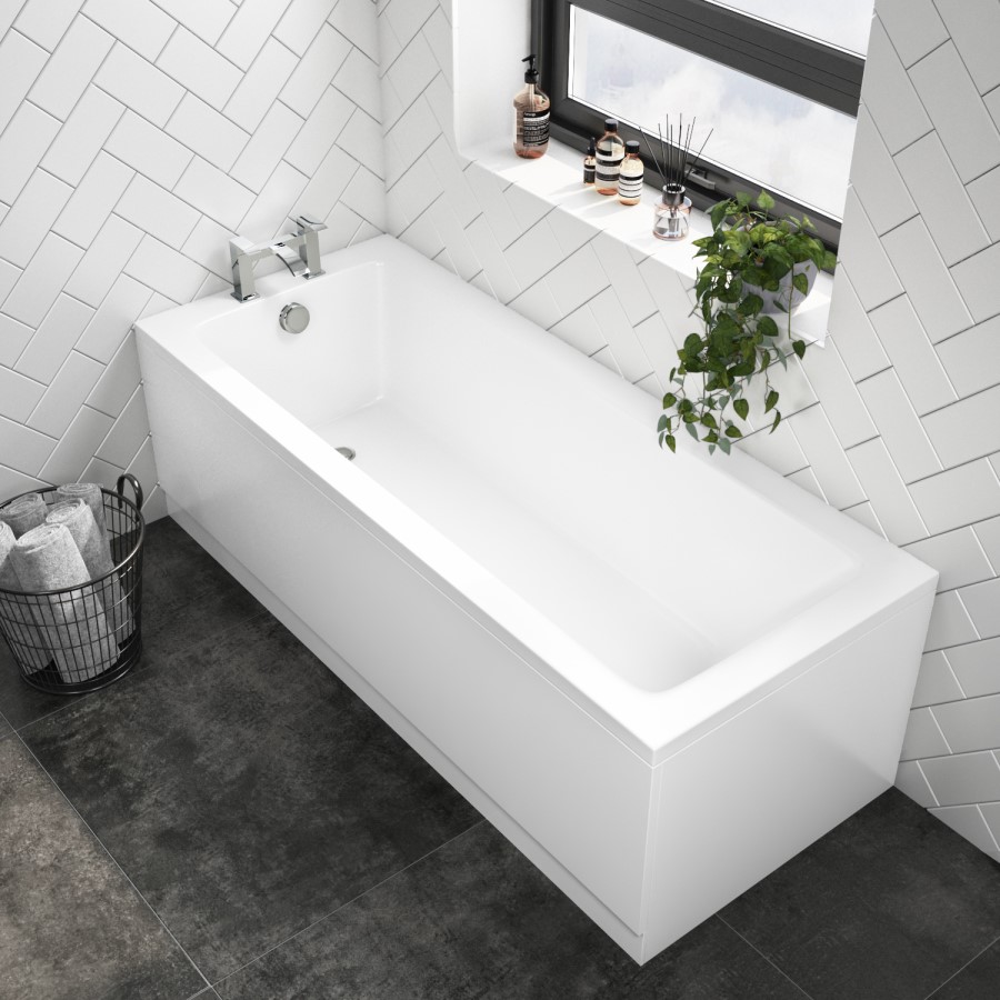 1800 x 800 Rutland Single Ended Square Bath with Front Panel & Hinged 6mm Chrome Bath Screen with Fixed Panel & Towel Rail