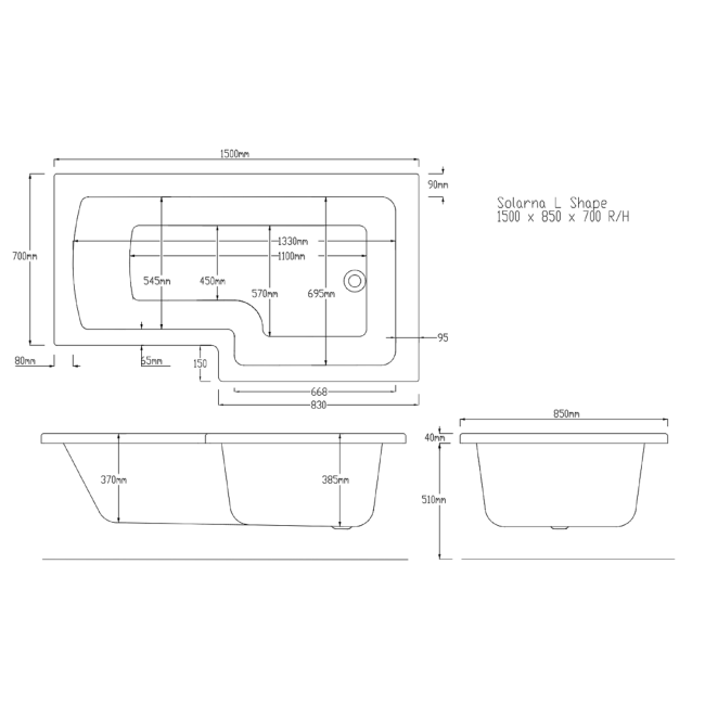 Lomax 1500 x 850 L Shaped Shower Bath Left Hand with Front Panel & Matt Black Bath Screen with Towel Rail