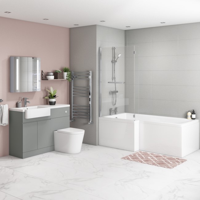 Bali Matt Grey Toilet and Basin Vanity Combination Unit and L Shape Bath Suite 