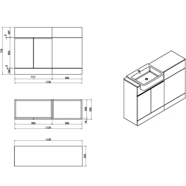 Bali Matt Grey Toilet and Basin Vanity Combination Unit and L Shape Bath Suite 