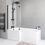 L Shape Shower Bath Left Hand with Front Panel & Black Bath Screen 1500 x 850mm - Lomax