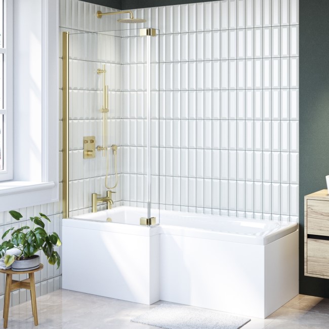 Grade A2 - L Shape Shower Bath Left Hand with Front Panel & Brushed Brass Screen 1500 x 850mm - Lomax