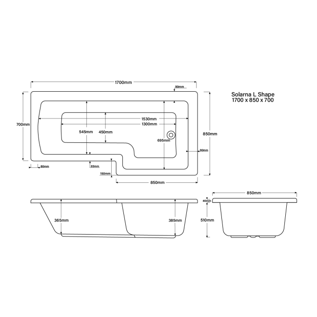 Grade A2 - L Shape Shower Bath Left Hand with Front Panel & Brushed Brass Screen 1500 x 850mm - Lomax