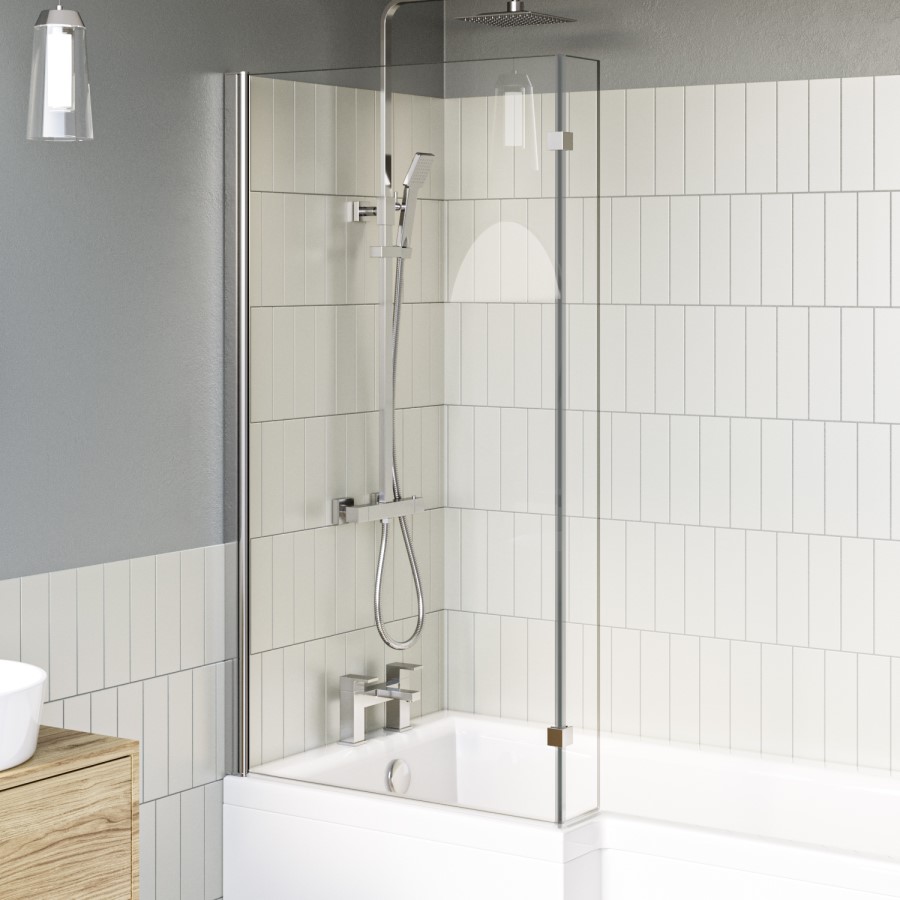 L Shape Shower Bath Left Hand with Front Panel & Chrome Bath Screen 1500 x 850mm - Lomax