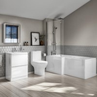1700mm L-Shaped Bath Suite with Portland Close Coupled Toilet & 600mm White Gloss Floorstanding Vanity Unit