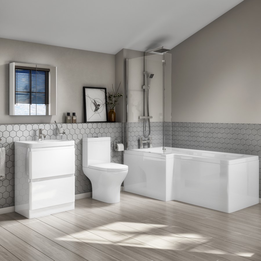 1700mm L-Shaped Bath Suite with Portland Close Coupled Toilet & 600mm White Gloss Floorstanding Vanity Unit