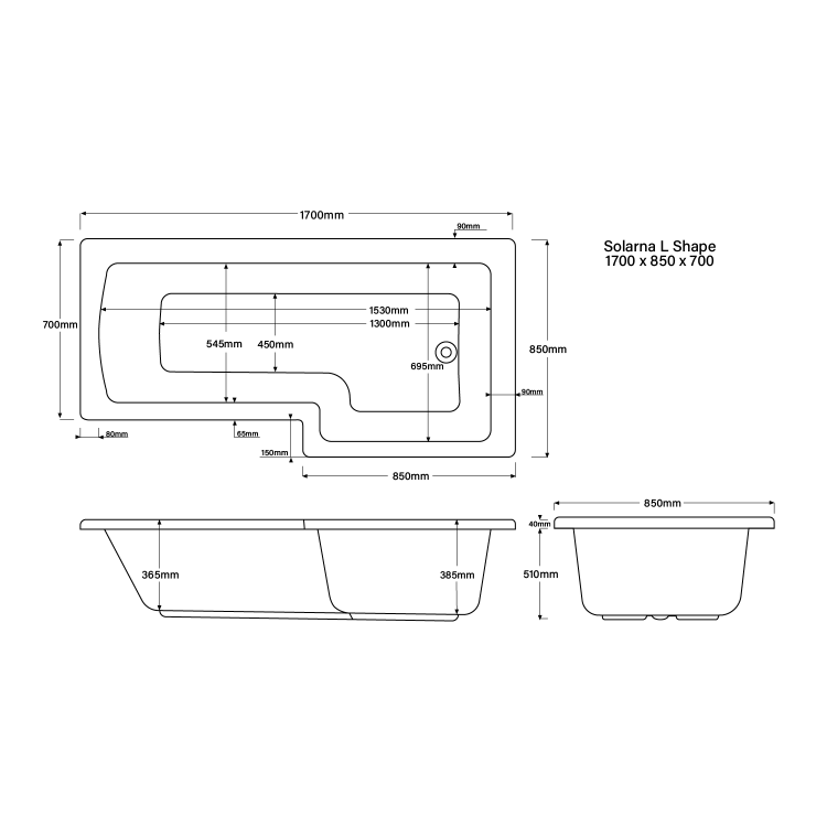 L Shape Shower Bath Left Hand 1700 x 850mm - Lomax