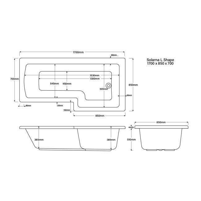 L Shape Shower Bath Left Hand with Front Panel & Black Bath Screen 1700 x 850mm - Lomax