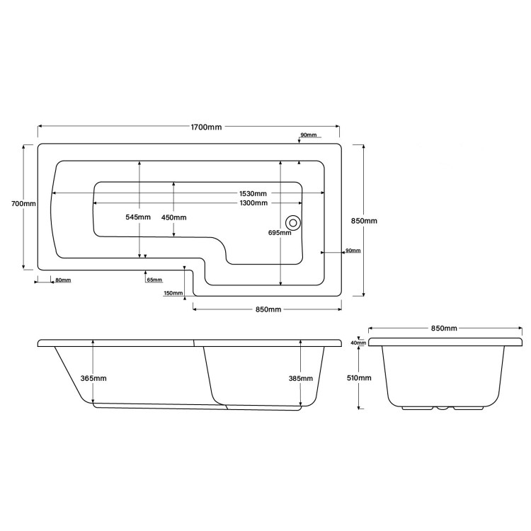 1700mm Left Hand Shower Bath Suite with Toilet Basin & Panels - Lomax