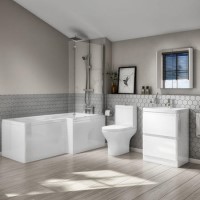 1700mm Right Hand L-Shaped Bath with Close Coupled Toilet & 600mm White Gloss Floorstanding Vanity Unit - Portland
