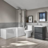 Right Hand L-Shaped Bath with Close Coupled 600mm Floorstanding Dark Grey Vanity Unit - Portland  Right Hand L-Shaped Bath with Close Coupled 600mm Floorstanding Dark Grey Vanity Unit - Portland