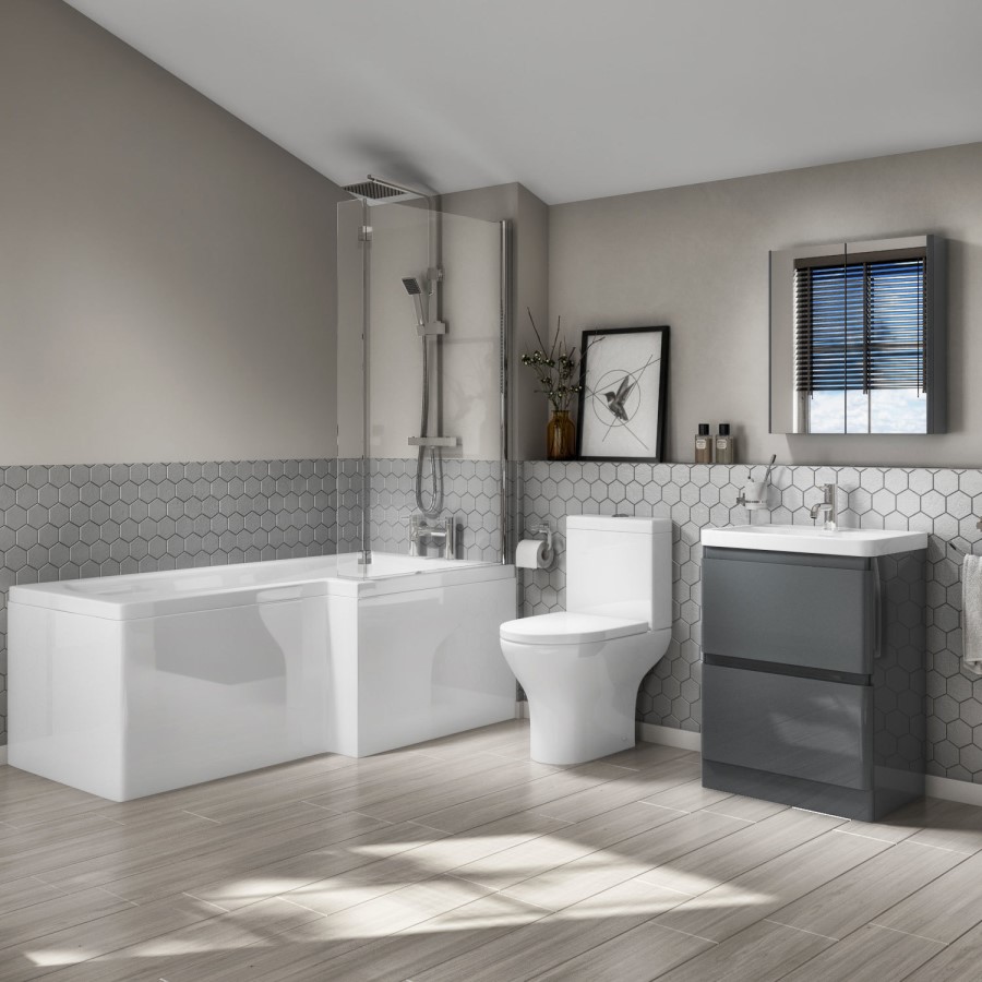 Right Hand L-Shaped Bath with Close Coupled 600mm Floorstanding Dark Grey Vanity Unit - Portland