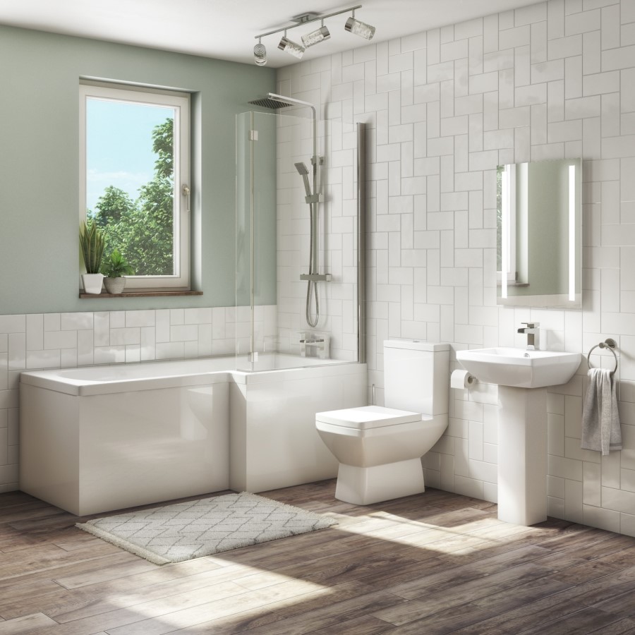 1700mm L Shaped Shower Bath Suite with Screen and Toilet & Basin - Right Hand - Tabor