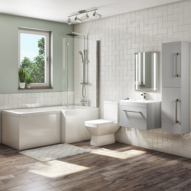 1700mm L Shaped Bath Suite with 600mm Wall Hung Vanity Unit with Basin & Toilet Grey - Right Hand - Ashford