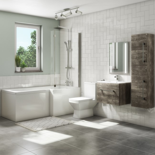 1700mm L Shaped Bath Suite with 600mm Wall Hung Vanity Unit and Basin & Toilet - Right Hand - Ashford