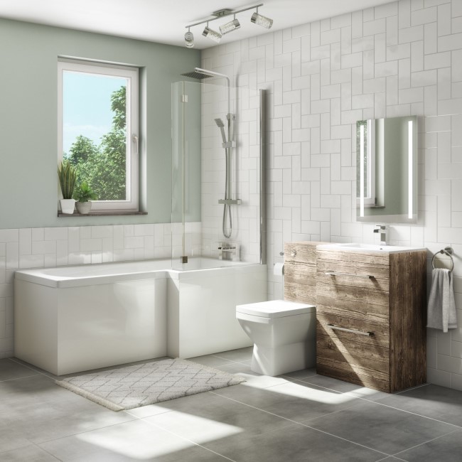 1700mm L Shaped Bath Suite with Screen and Toilet & Basin Vanity Combination Unit - Grey Wood - Right Hand - Ashford