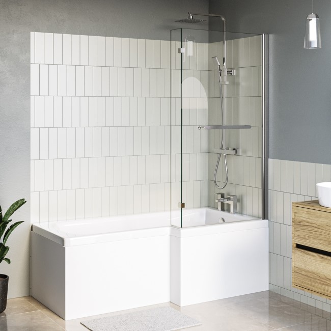 L Shape Shower Bath Right Hand with Front Panel & Chrome Bath Screen with Towel Rail 1700 x 850mm - Lomax