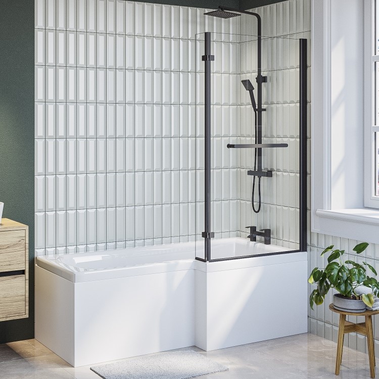 L Shape Shower Bath Right Hand with Front Panel & Black Bath Screen with Towel Rail 1700 x 850mm - Lomax