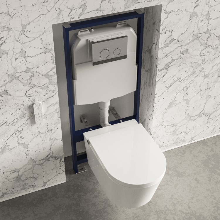 Wall Hung Smart Bidet Japanese Toilet & Frame Cistern and Chrome Flush Plate - Purificare