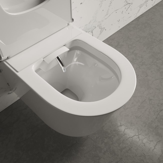 Wall Hung Smart Bidet Japanese Toilet & Geberit Frame Cistern and Chrome Flush Plate - Purificare