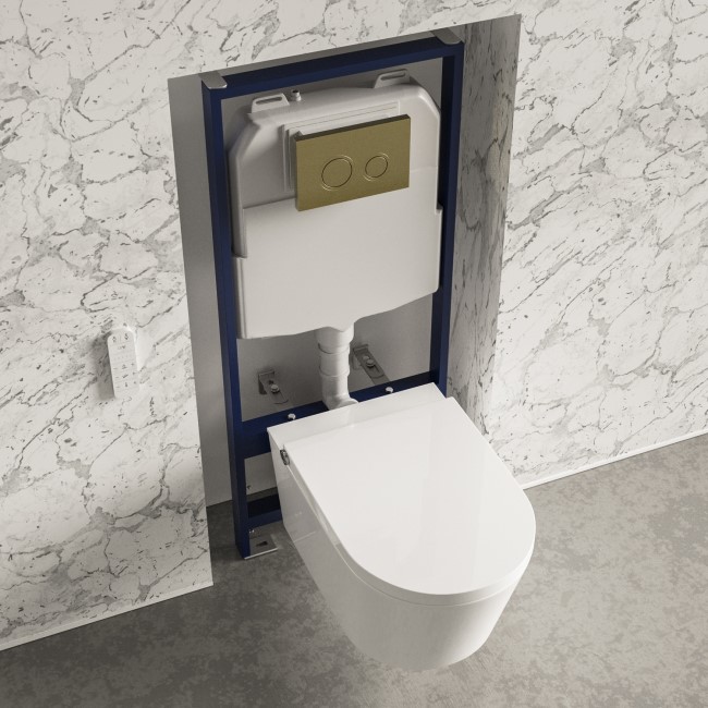 Wall Hung Smart Bidet Japanese Toilet & 1160mm Frame Cistern and Brass Flush Plate - Purificare