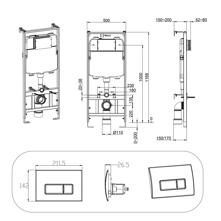 Indiana Wall Hung Toilet 1160mm Pneumatic Frame & Cistern & Chrome Flush Plate