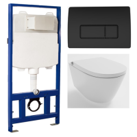 Wall Hung Smart Bidet Japanese Toilet & 1160mm Frame Cistern and Black Pneumatic Flush Plate - Purificare