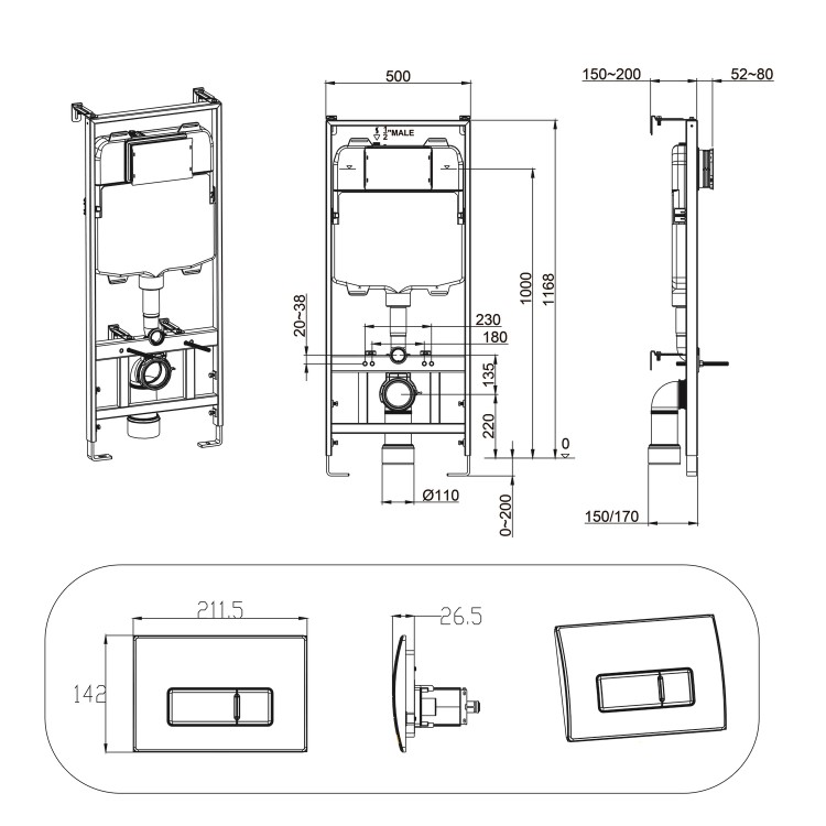 Wall Hung Smart Bidet Japanese Toilet & 1160mm Frame Cistern and Chrome Pneumatic Flush Plate - Purificare