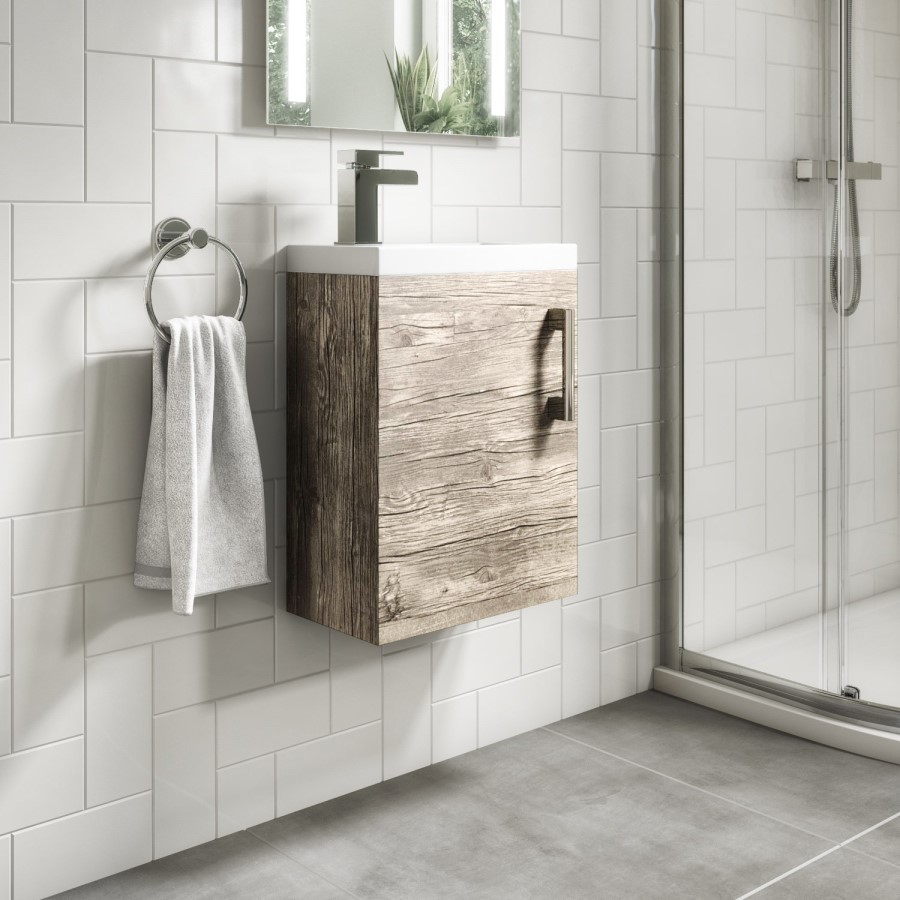 Grade A1 - 400mm Wood Effect Wall Hung Cloakroom Vanity Unit with Basin - Ashford