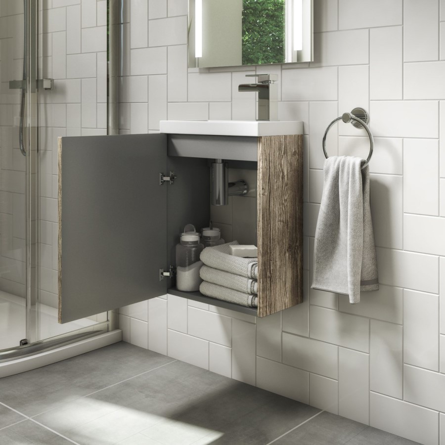 Grade A1 - 400mm Wood Effect Wall Hung Cloakroom Vanity Unit with Basin - Ashford