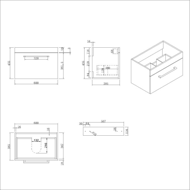 600mm Grey Wall Hung Vanity Unit with Basin and Chrome Handle - Ashford