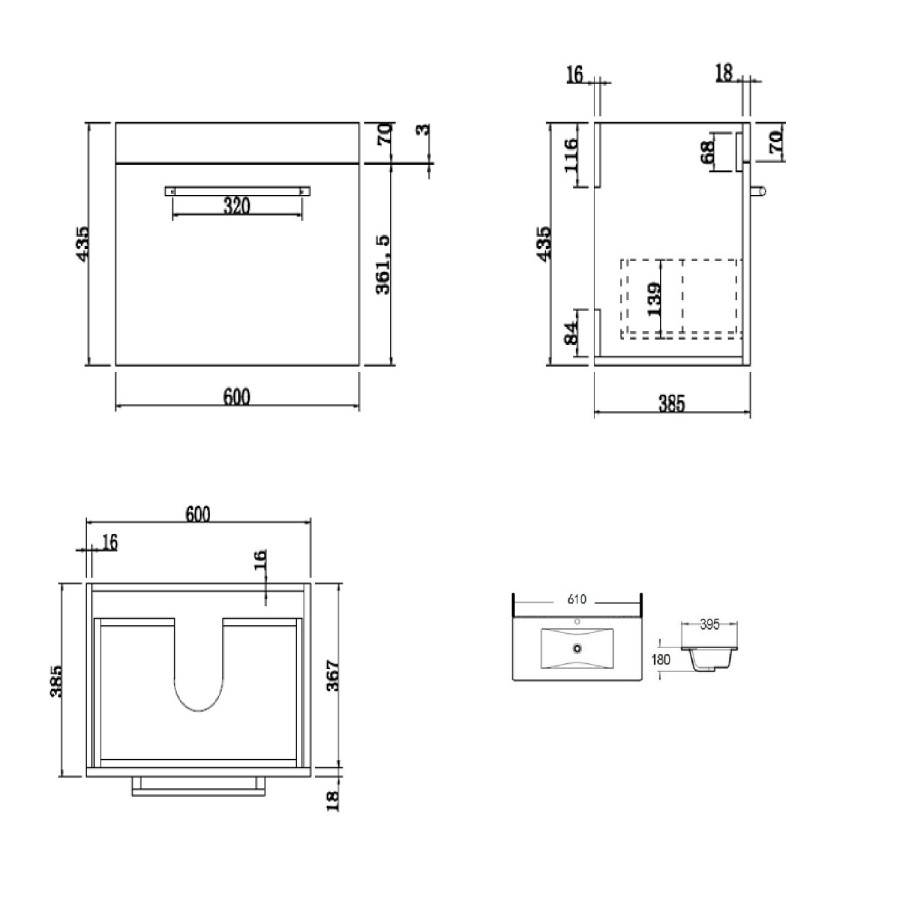600mm Wood Effect Wall Hung Vanity Unit with Basin - Ashford