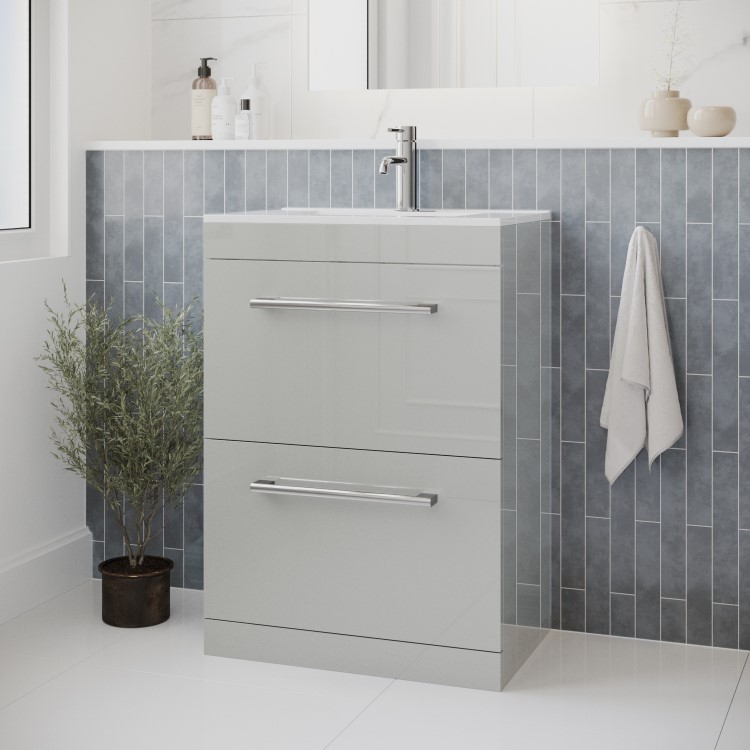 600mm Grey Freestanding  Drawer Vanity Unit with Basin and Chrome Handles - Ashford