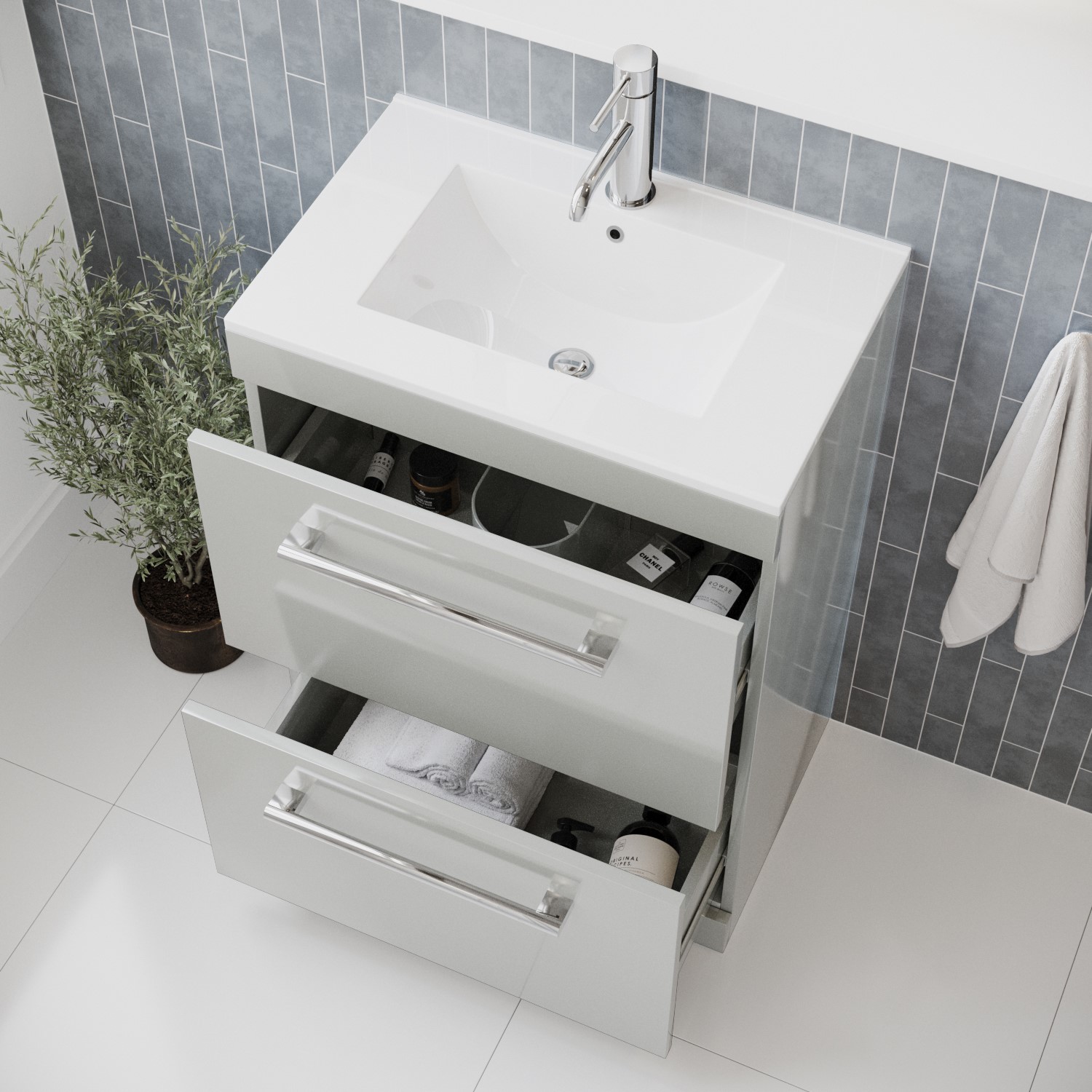 600mm Grey Freestanding Drawer Vanity Unit with Basin and Chrome ...
