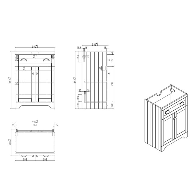 600mm White Freestanding Vanity Unit with Basin - Baxenden