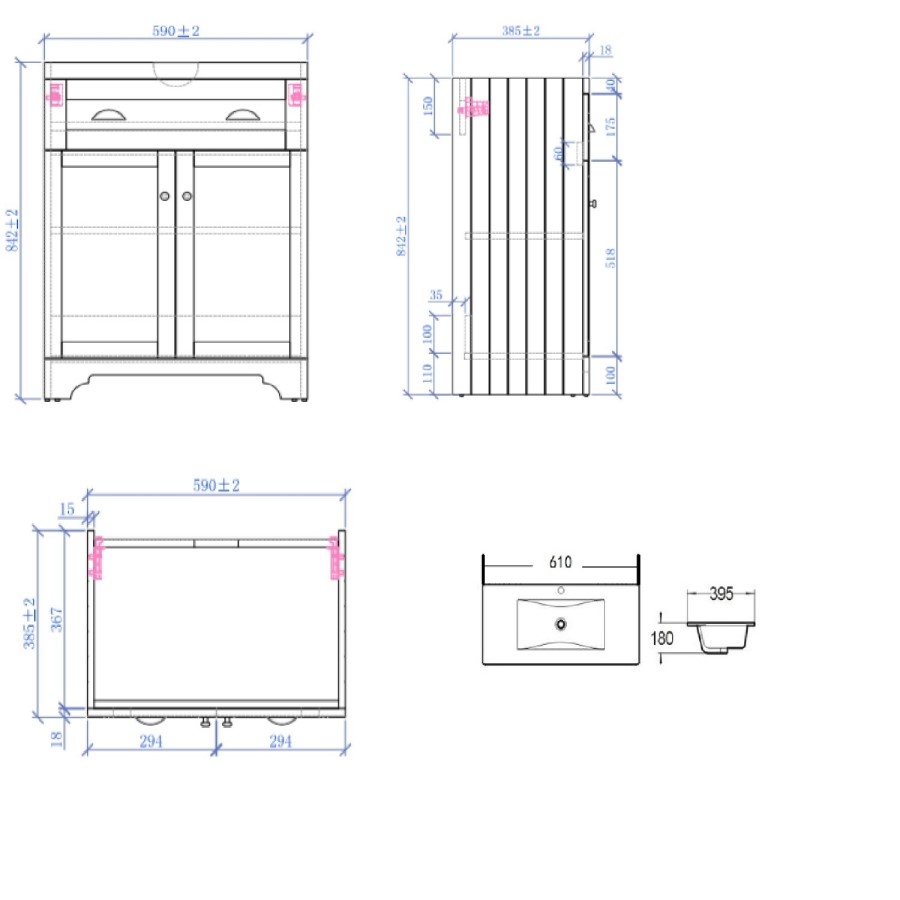 Grade A1 - 600mm Blue Freestanding Vanity Unit with Basin - Baxenden
