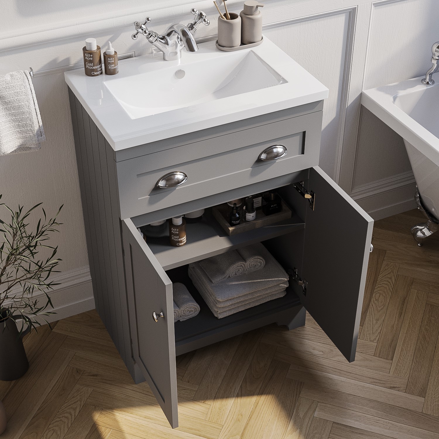 600mm Grey Freestanding Vanity Unit, Standing Bathroom Vanity Unit
