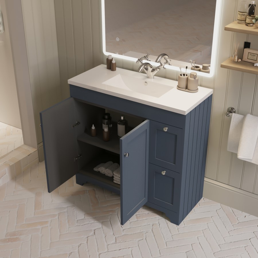 ONLY OPENED - 900mm Blue Freestanding Vanity Unit with Basin - Baxenden
