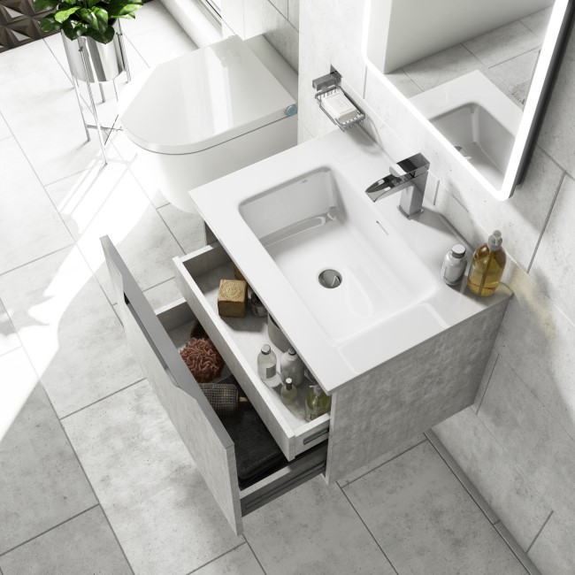 600mm Concrete Effect Wall Hung Vanity Unit with Gloss Basin - Sion