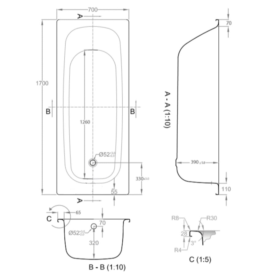 Single Ended Steel Bath with No Tap Holes - 1700 x 700mm