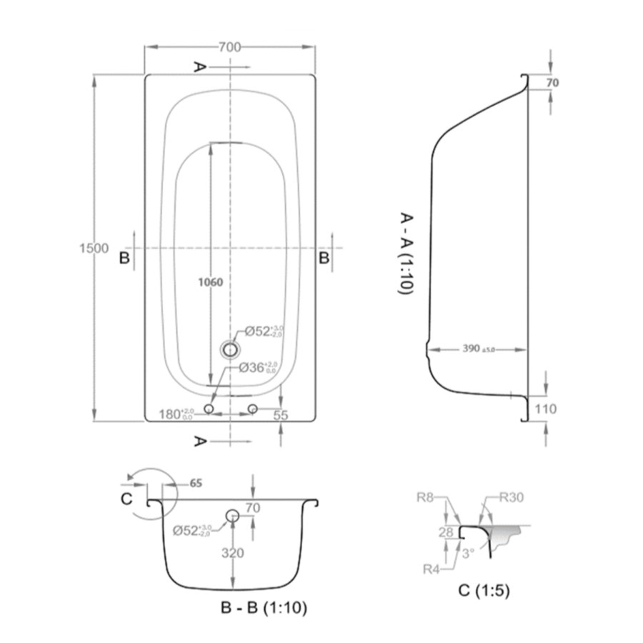 Single Ended Steel Bath with 2 Tap Holes - 1500 x 700mm