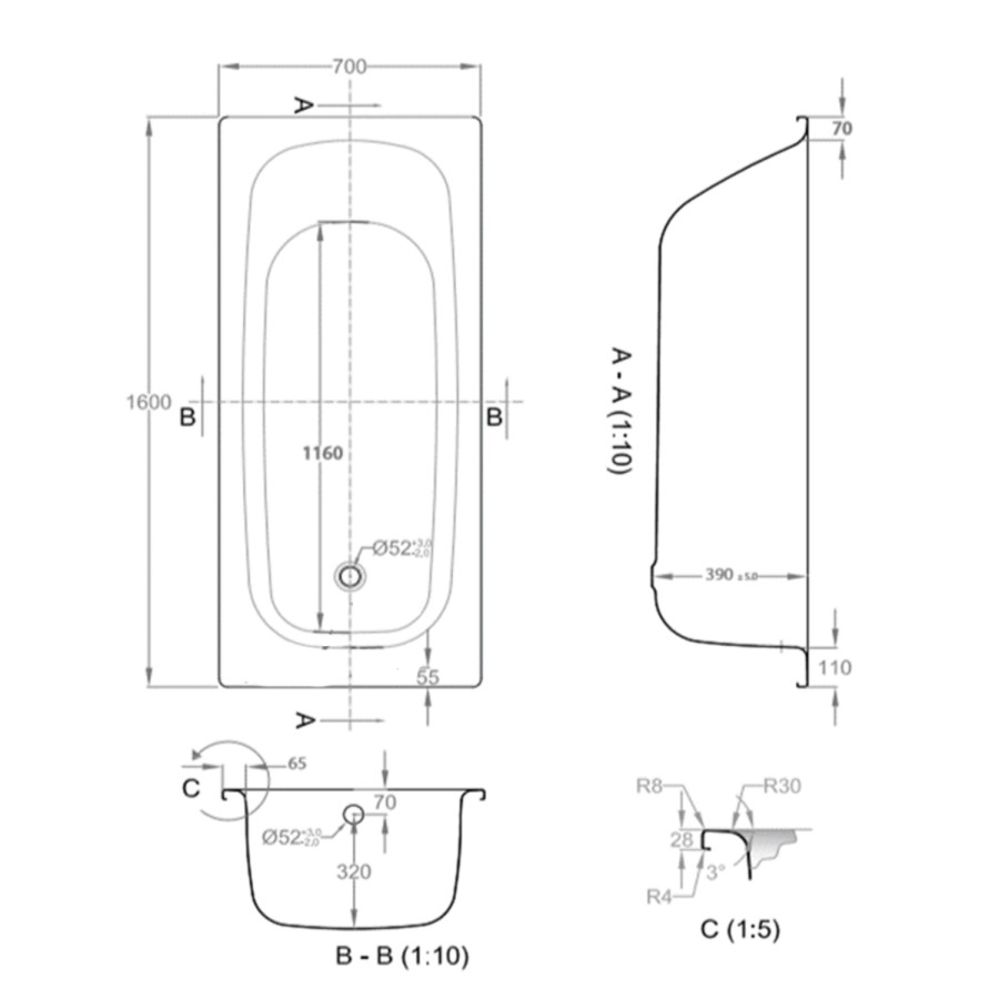 Single Ended Steel Bath with No Tap Holes - 1600 x 700mm