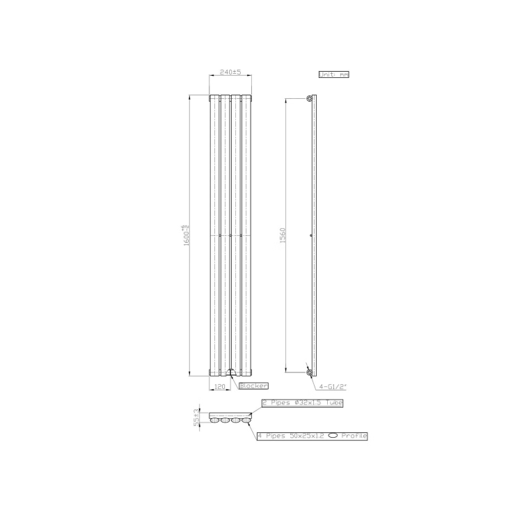 Anthracite Vertical Single Panel Radiator 1600 x 240mm - Margo