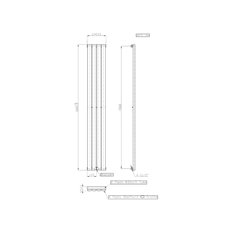 Anthracite Vertical Double Panel Radiator 1600 x 240mm - Margo