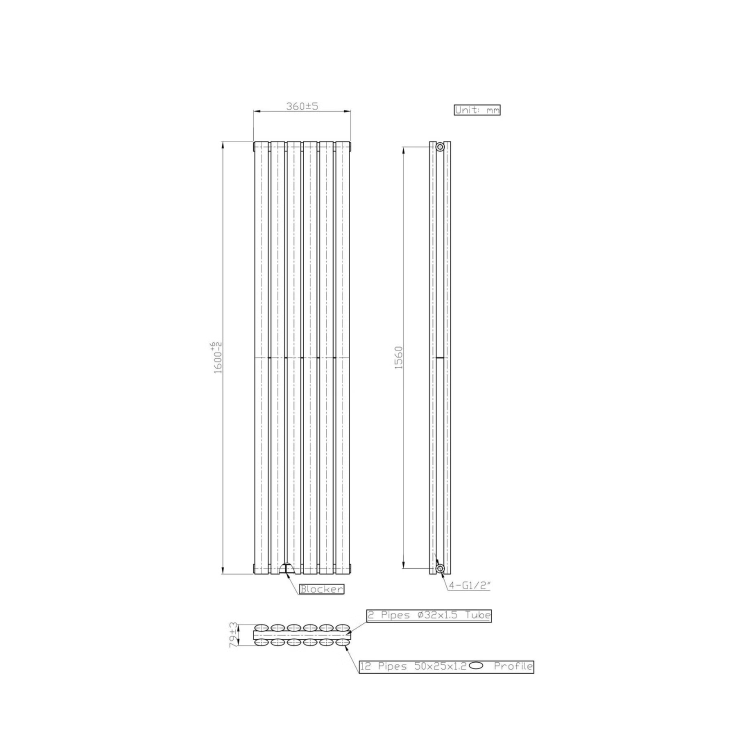 Anthracite Vertical Double Panel Radiator 1600 x 360mm - Margo