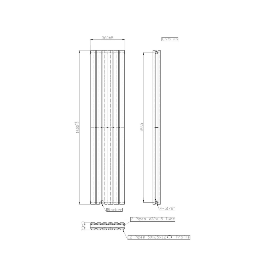 Anthracite Vertical Double Panel Radiator 1600 x 360mm - Margo