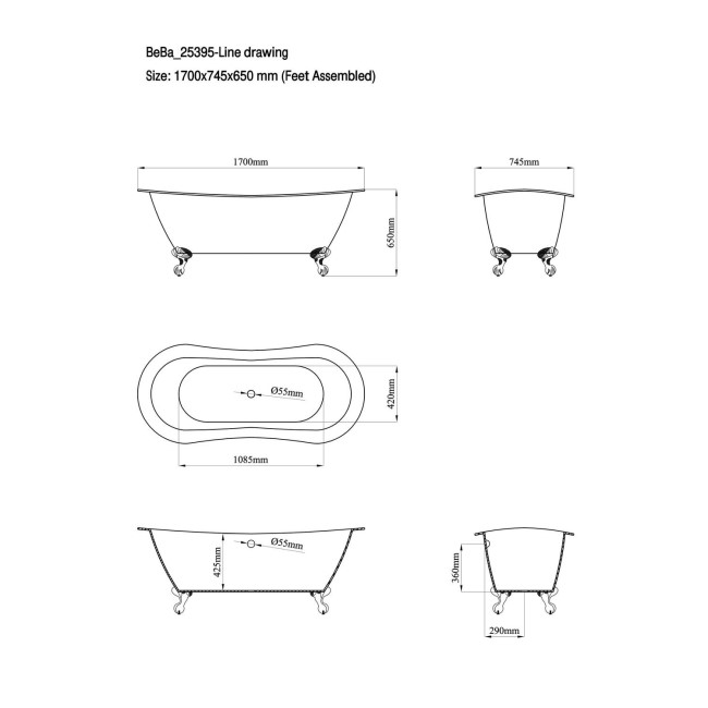 Freestanding Double Ended Slipper Bath with White Feet 1700 x 745mm - Park Royal
