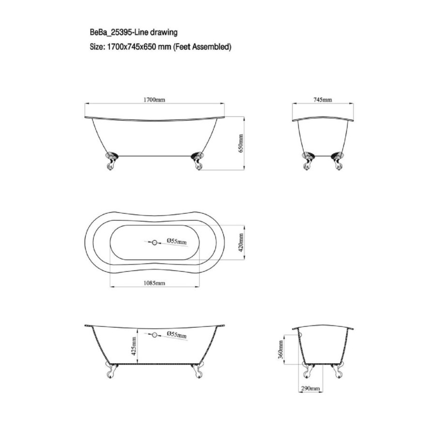 Freestanding Double Ended Slipper Bath with Pink Feet 1700 x 745mm - Park Royal