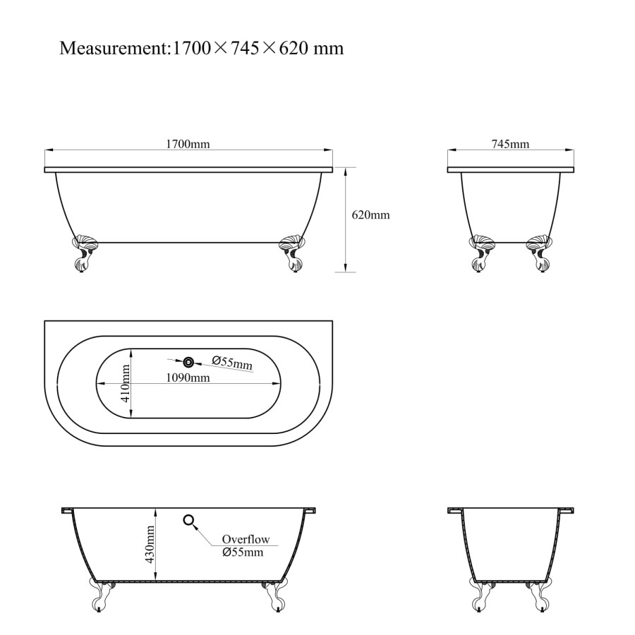 Freestanding Double Ended Back to Wall Bath with Bronze Feet 1700 x 745mm - Park Royal